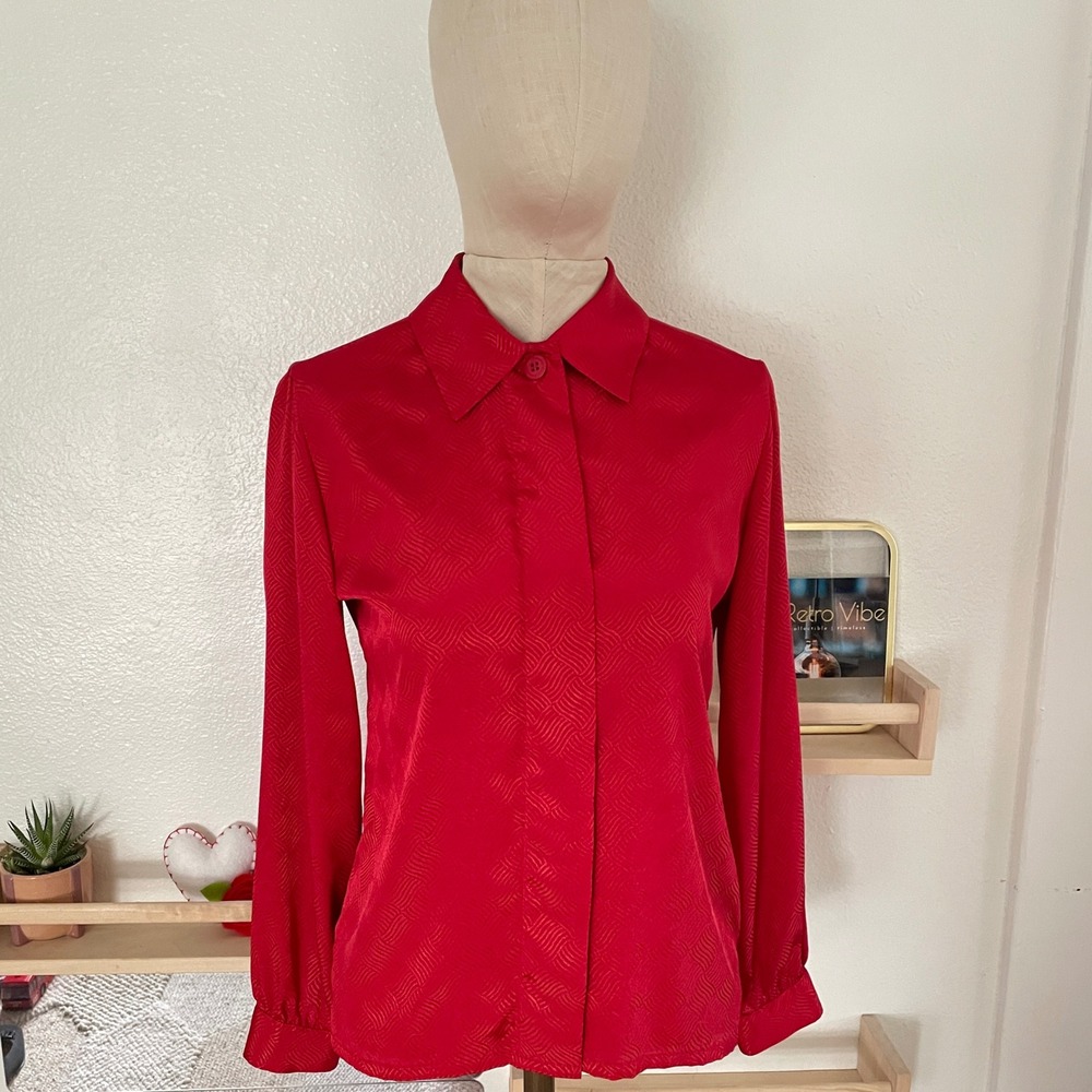 Vintage Country Sophisticates Pendleton Red Jacquard Blouse Petite 4 Long Sleeve